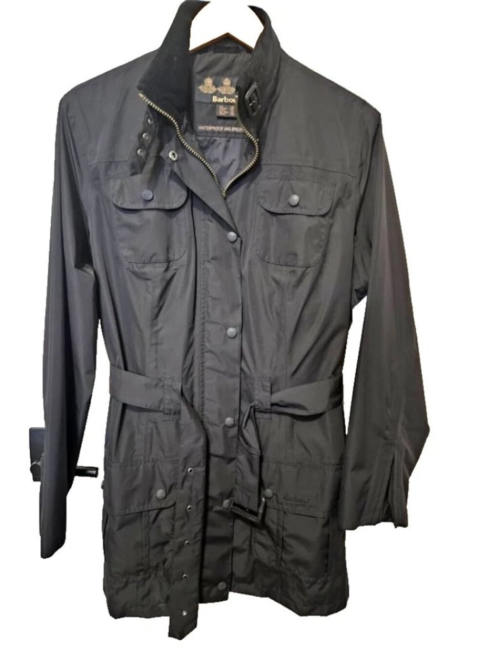 Barbour Black Weatherproof Utility Mac Jacket Women’s US 6 Belted Rain Coat Mint